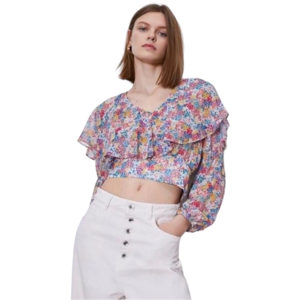 ZARA Floral Chiffon Boho Long Sleeve Crop Top